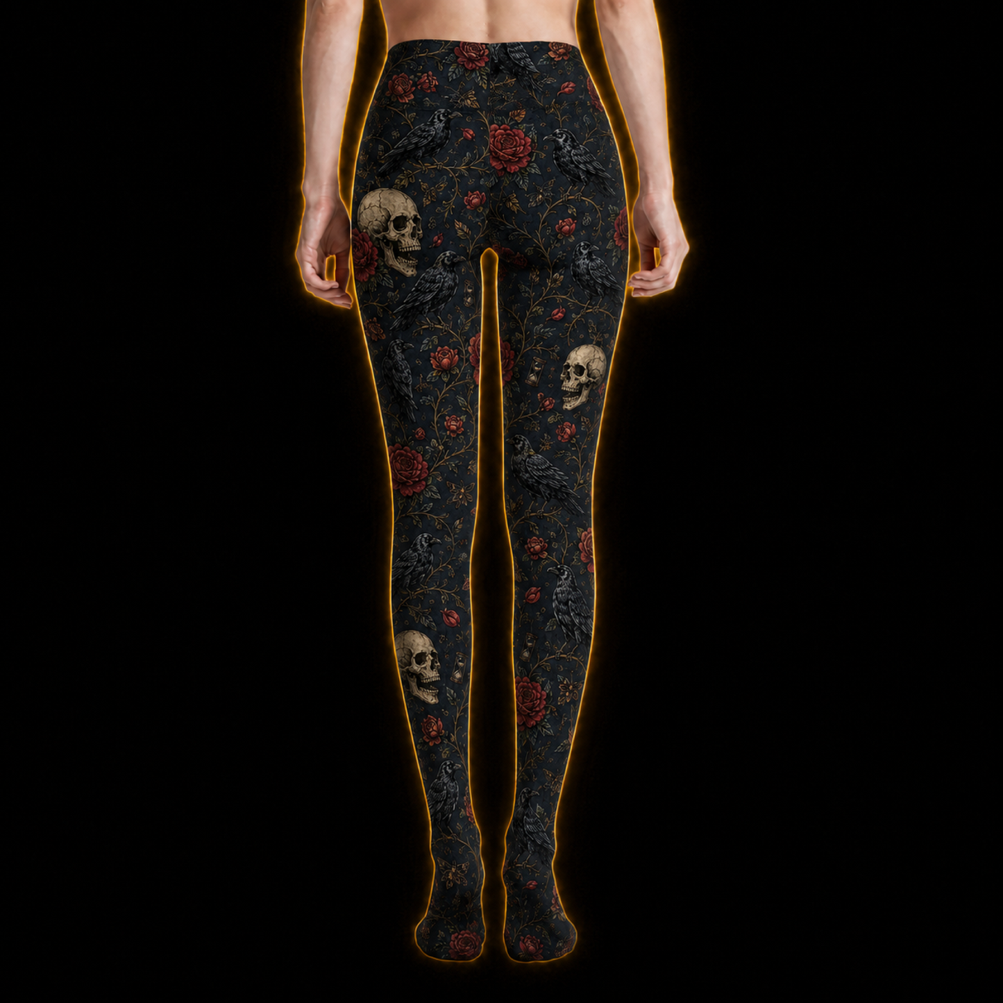 Crosfil Memento Footed Tights — Skulls, Ravens & Roses Gothic Print