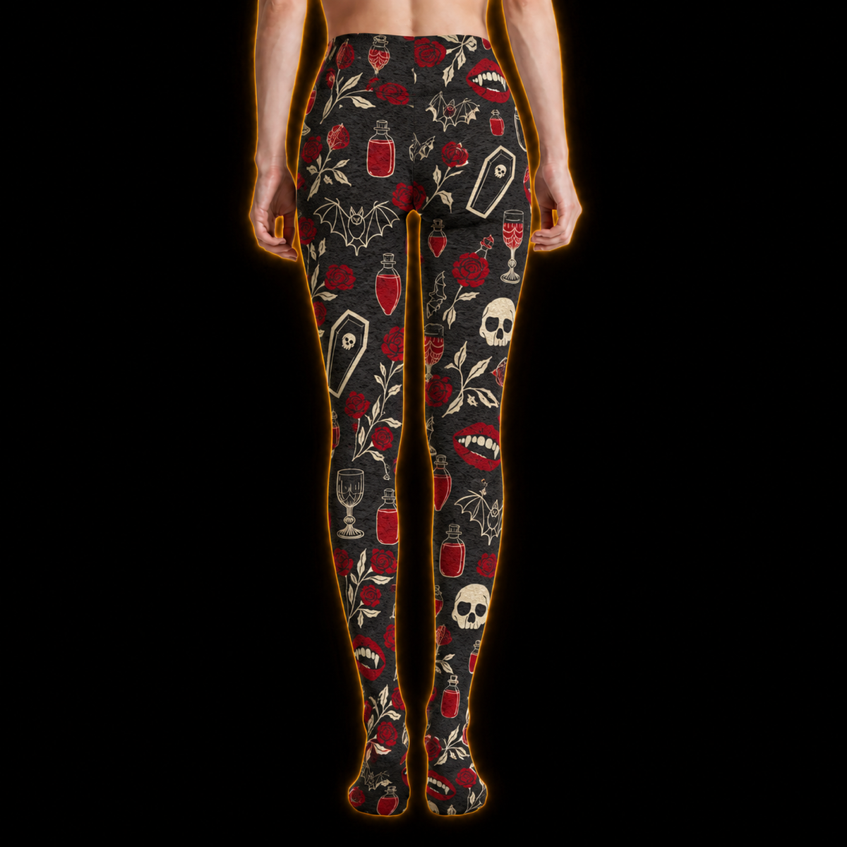 Crosfil Nightcap Footed Tights — Vampire Skulls & Roses Print