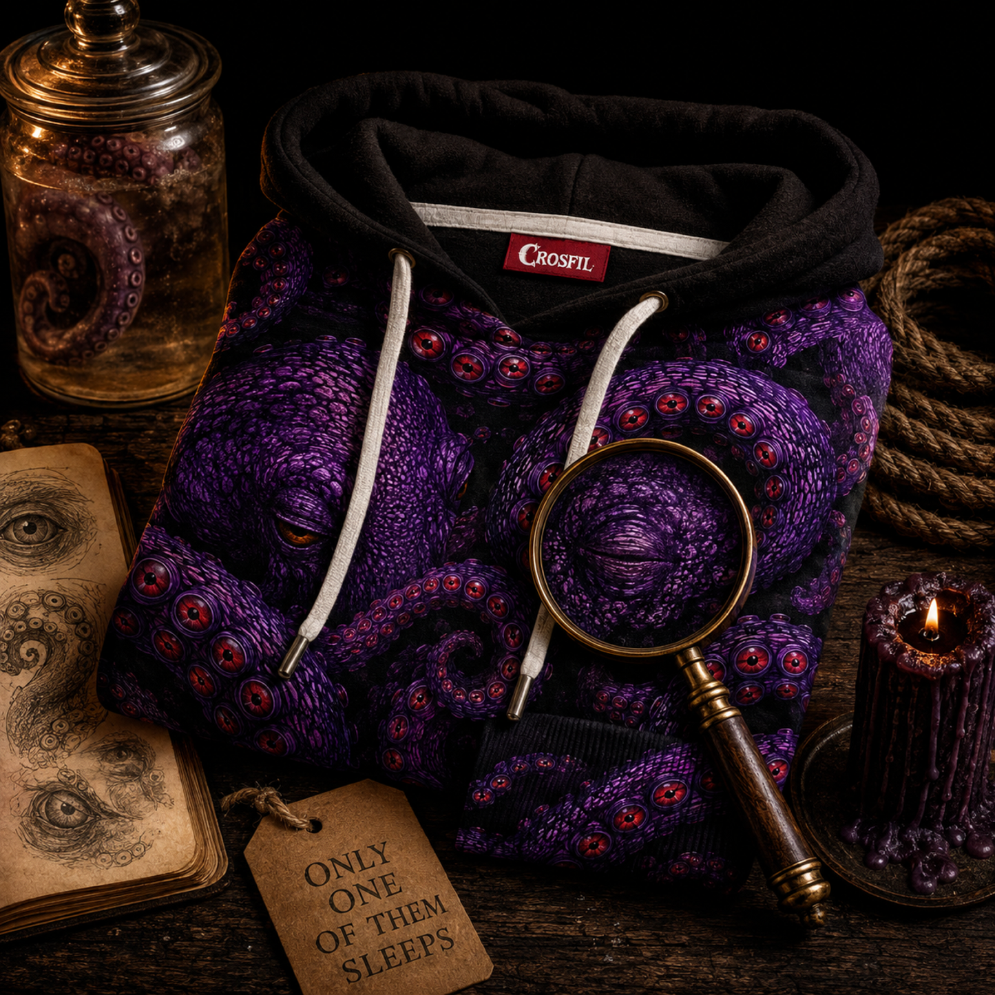 Crosfil Violet Grasp Hoodie — Purple Kraken Eye Tentacle All-Over Print