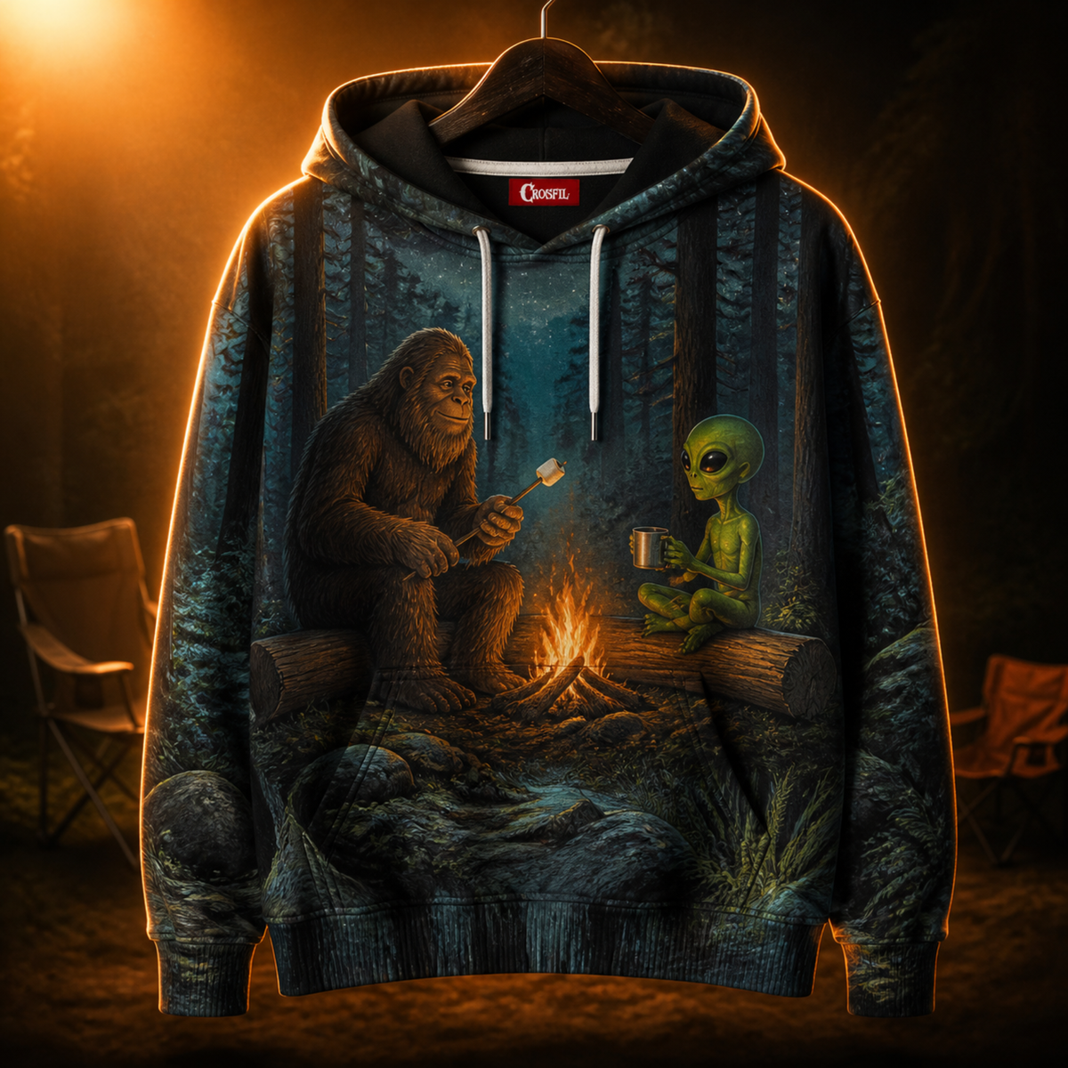 Crosfil Alibi Hoodie — Bigfoot & Alien Campfire Cryptid Print