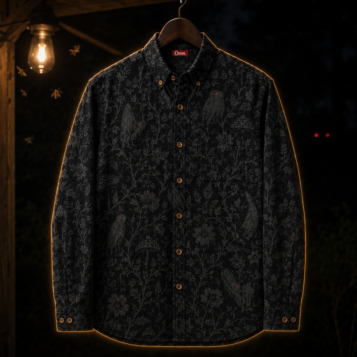 Crosfil Mothman Damask Long Sleeve Shirt — Black Gothic Floral Cryptid Print