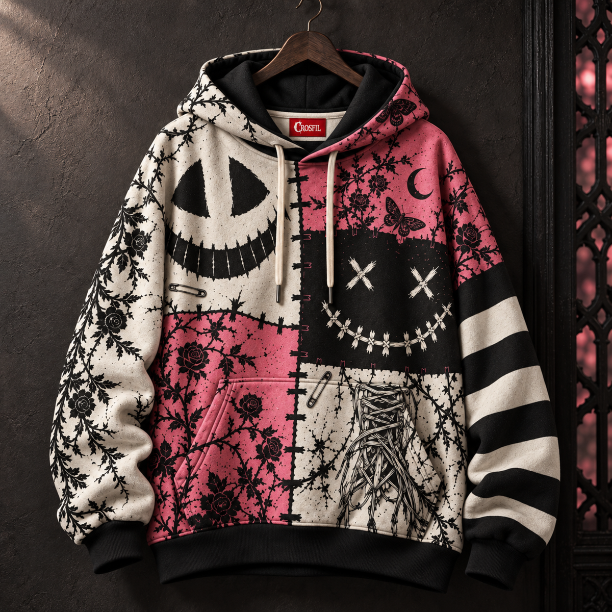 Patchwork Grin Unisex Hoodie — Stitched Smile Pink Gothic Print