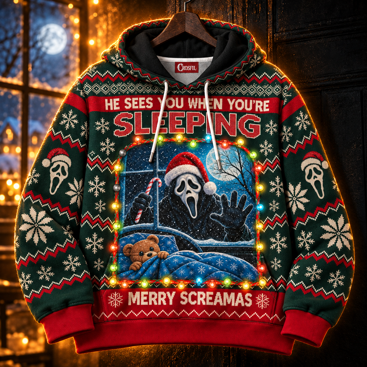 He Sees You When You’re Sleeping Unisex Hoodie — Merry Screamas Knit-Look Print