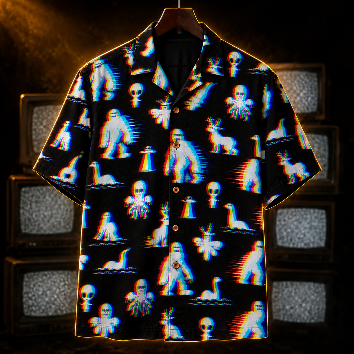 Crosfil Bad Footage Hawaiian Shirt — Glitch Cryptid VHS All-Over Print