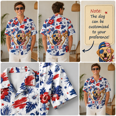Custom Dog America Hawaiian Shirt — Tropical Hibiscus Patriotic 4th of July Aloha