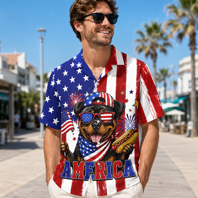 Custom Dog America Hawaiian Shirt — 4th of July Patriotic Dog Hot Dog Button-Up
