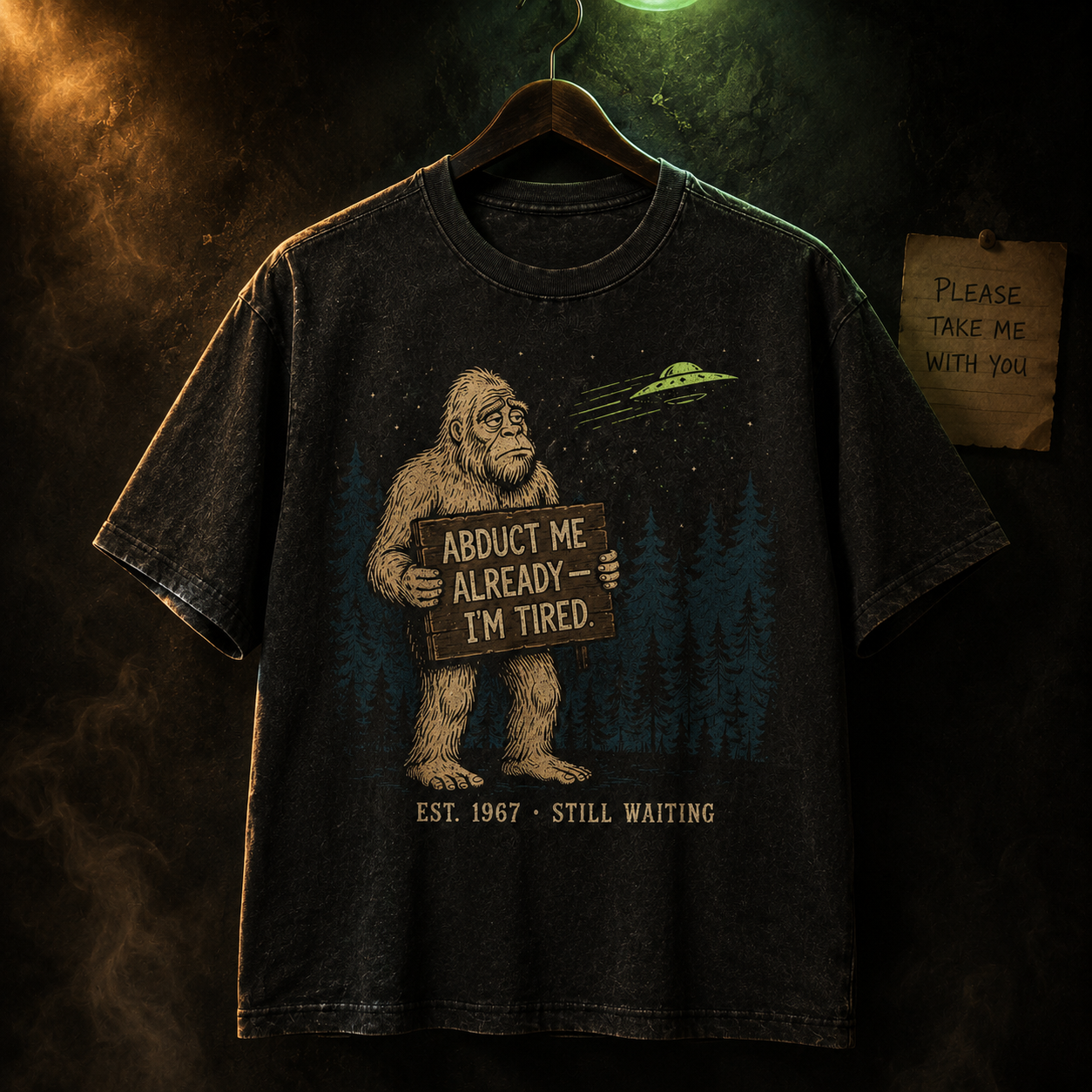 Abduct Me Already — Tired Bigfoot Cryptid Washed T-Shirt
