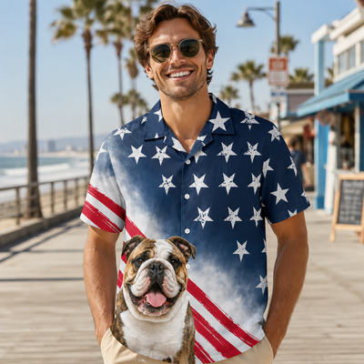 Custom Dog Hawaiian Shirt — American Flag 4th of July Patriotic Dog