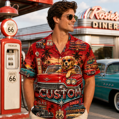 Custom Dog & Text Route 66 Hawaiian Shirt — Personalized Classic Car Vintage Diner Aloha