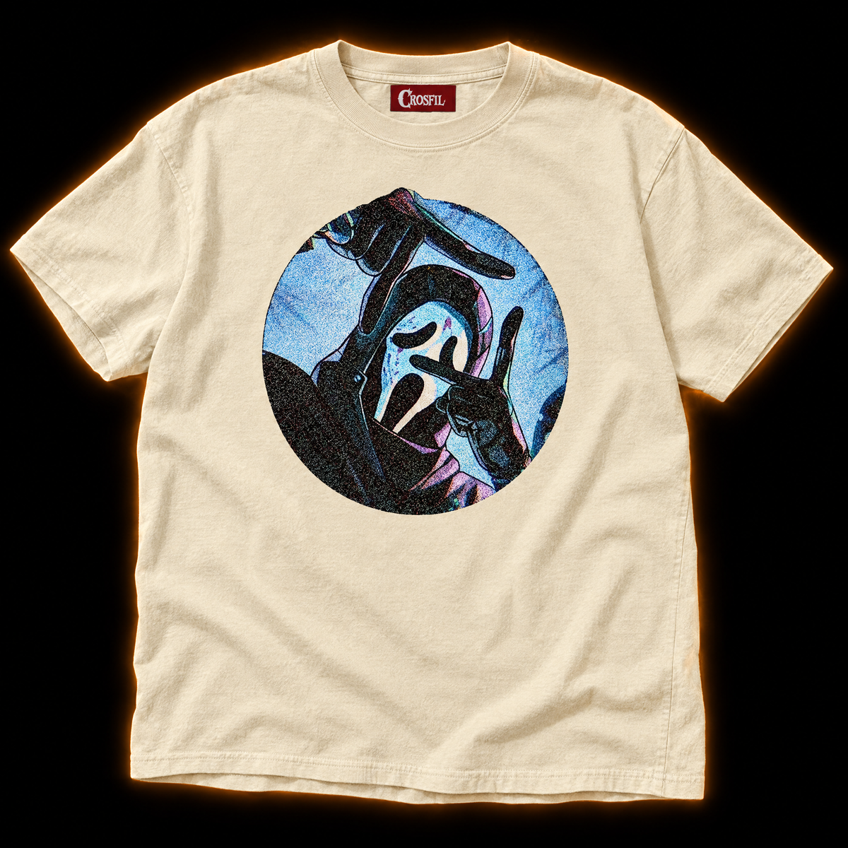 Director's Cut ivory T-shirt — masked killer camera frame comic print