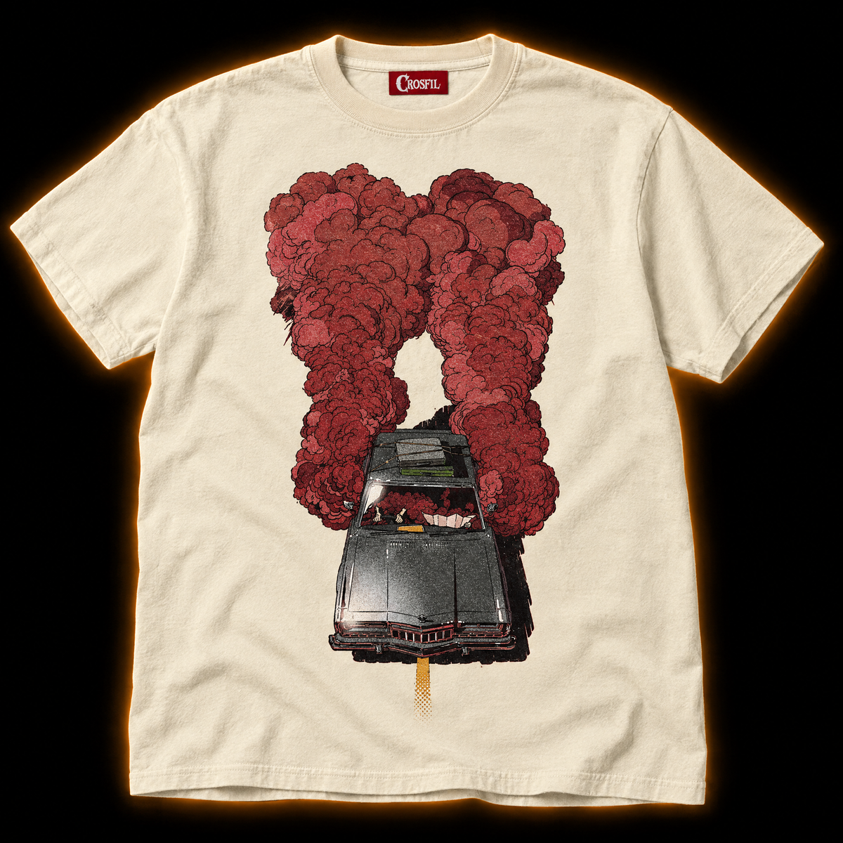 Getaway Smoke ivory T-shirt — red smoke muscle car comic print
