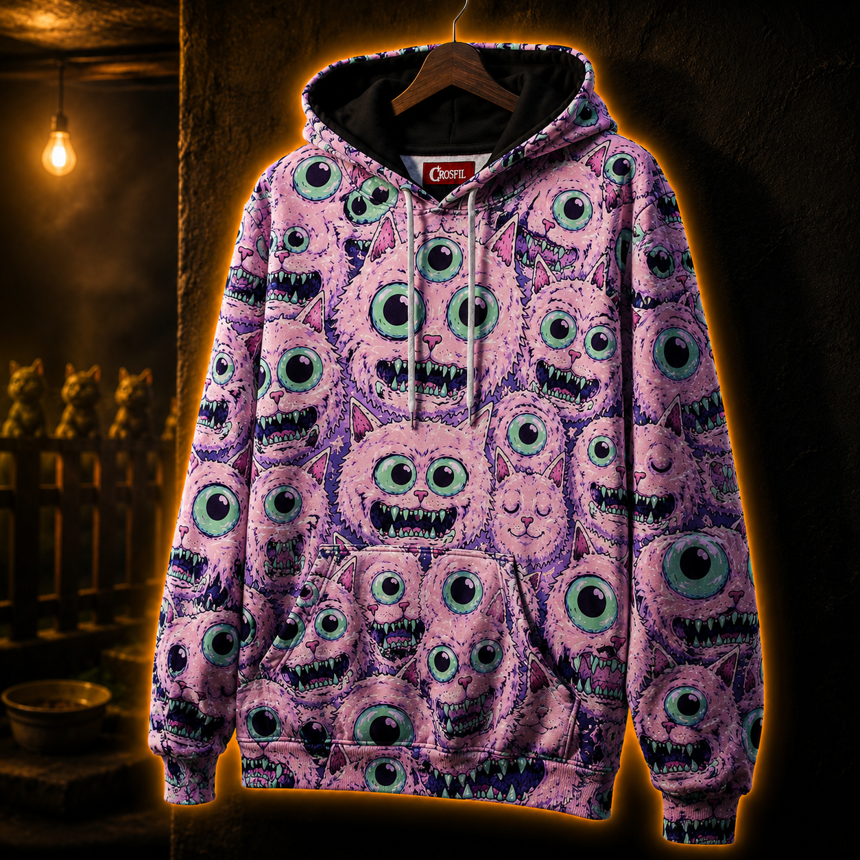 Crosfil House Pets Hoodie — Pastel Goth Monster Cat All-Over Print