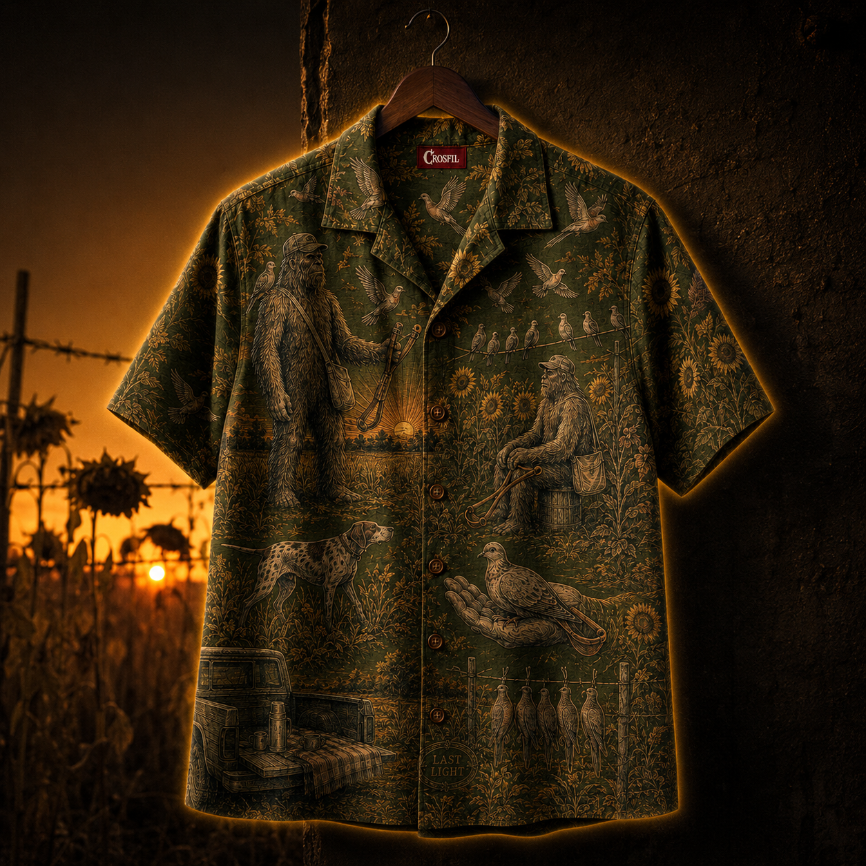 Crosfil Last Light Hawaiian Shirt — Bigfoot Hunt Olive Toile Print