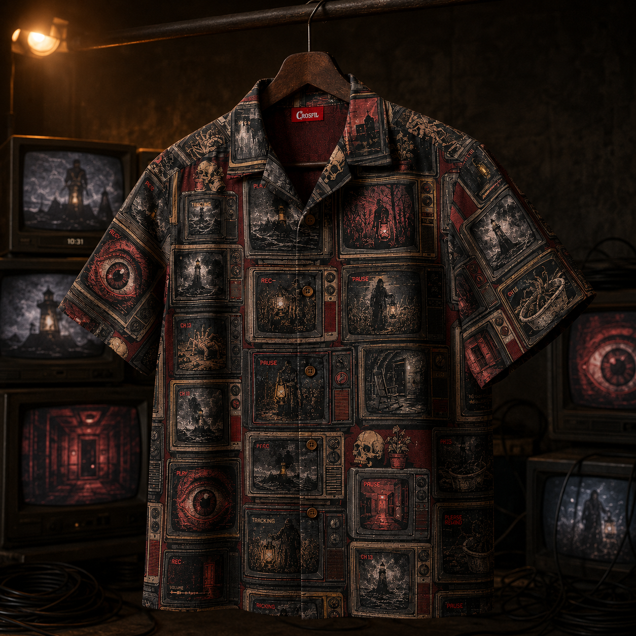 Crosfil The Late Movie Hawaiian Shirt — Retro CRT Horror TV Print