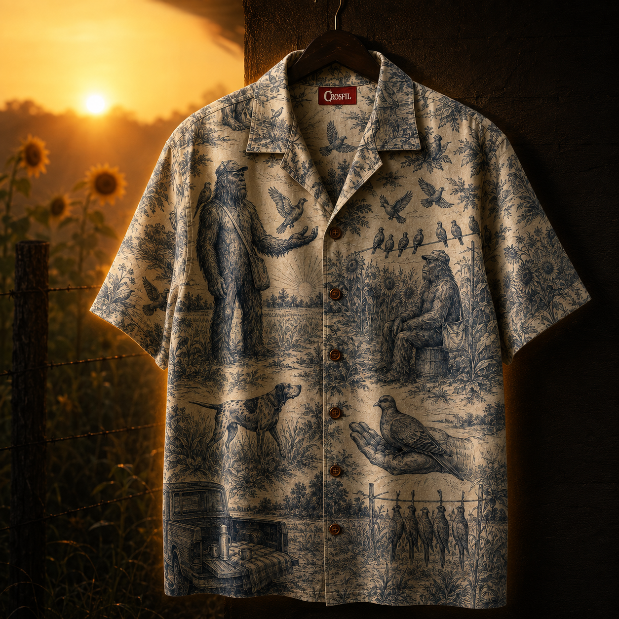 Crosfil Opening Day Hawaiian Shirt — Bigfoot Dove Hunt Toile Print