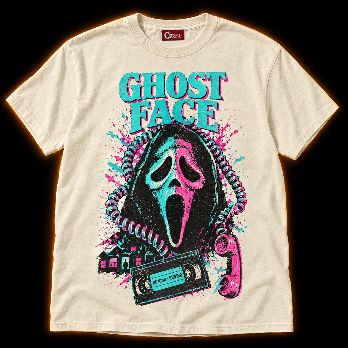 Prank Call ivory neon horror T-shirt — hooded masked killer framed by a coiled phone cord, VHS tape and lit windows
