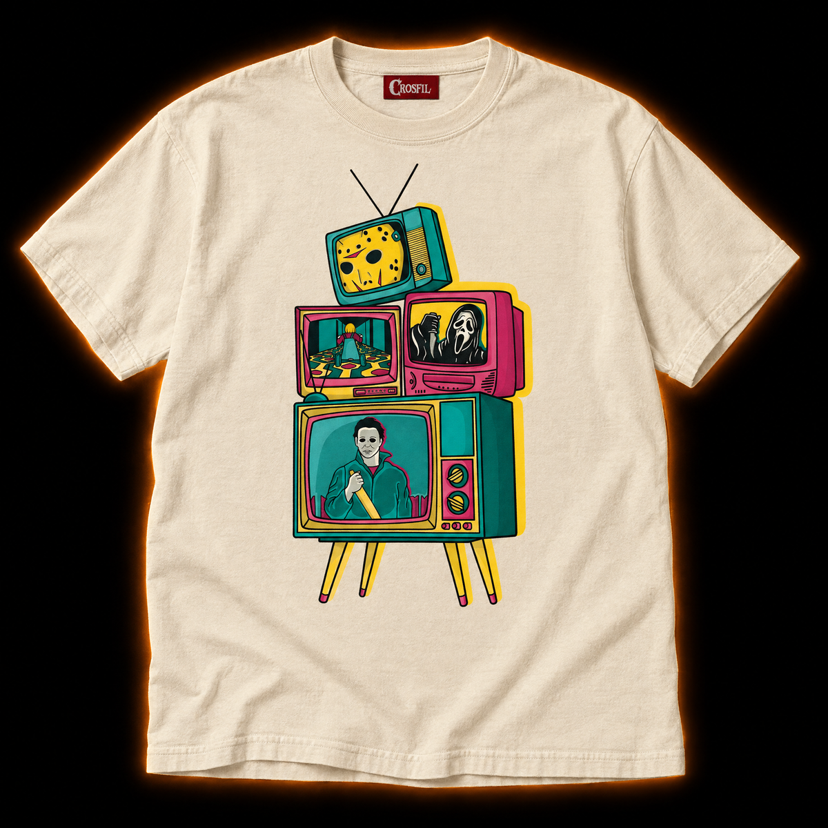 Prime Time Panic ivory T-shirt — retro pop art tv stack horror print