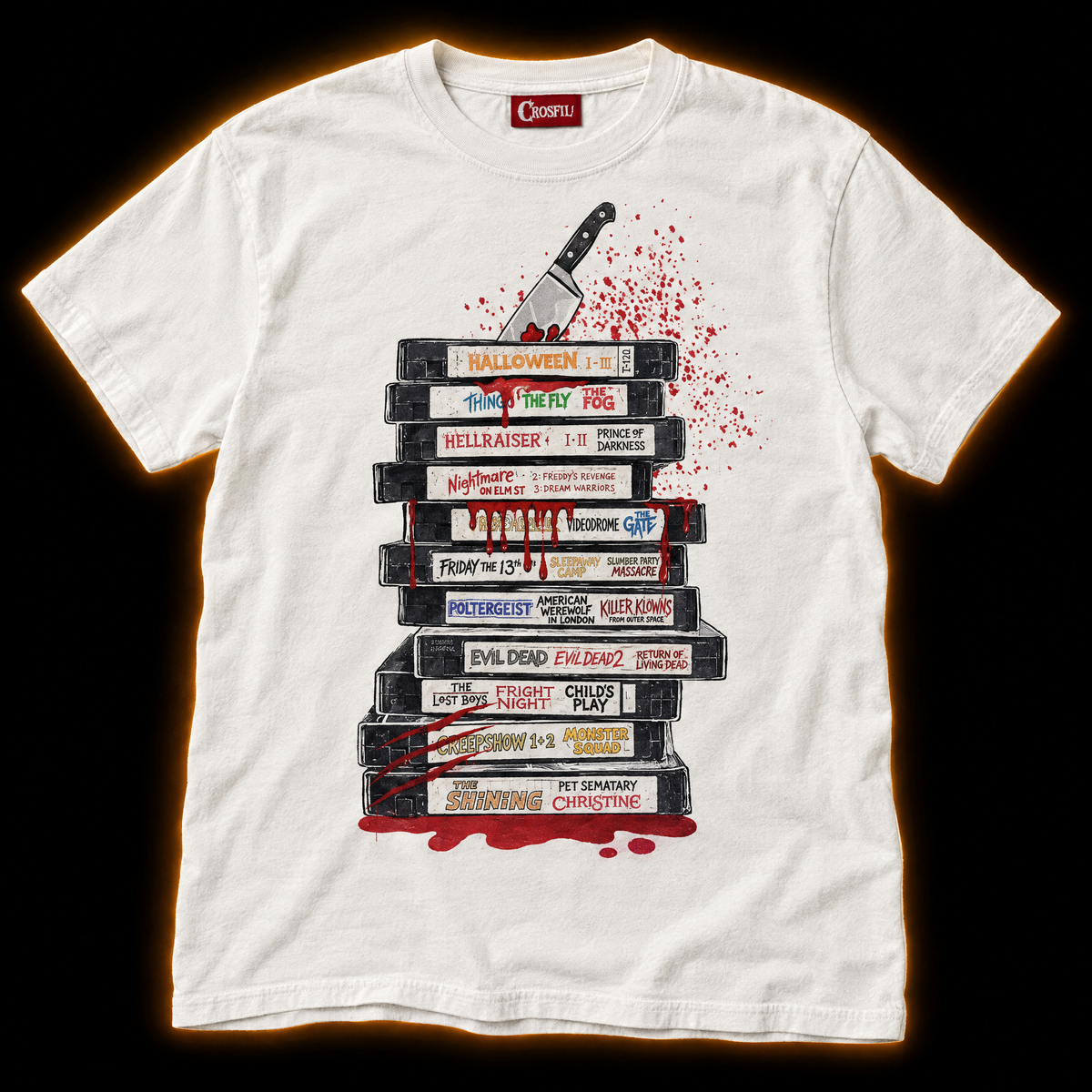 Rental Return white T-shirt — vintage vhs tape stack horror print
