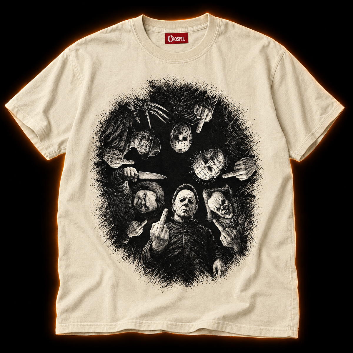 Rude Awakening ivory T-shirt — horror icons engraved scratchboard print