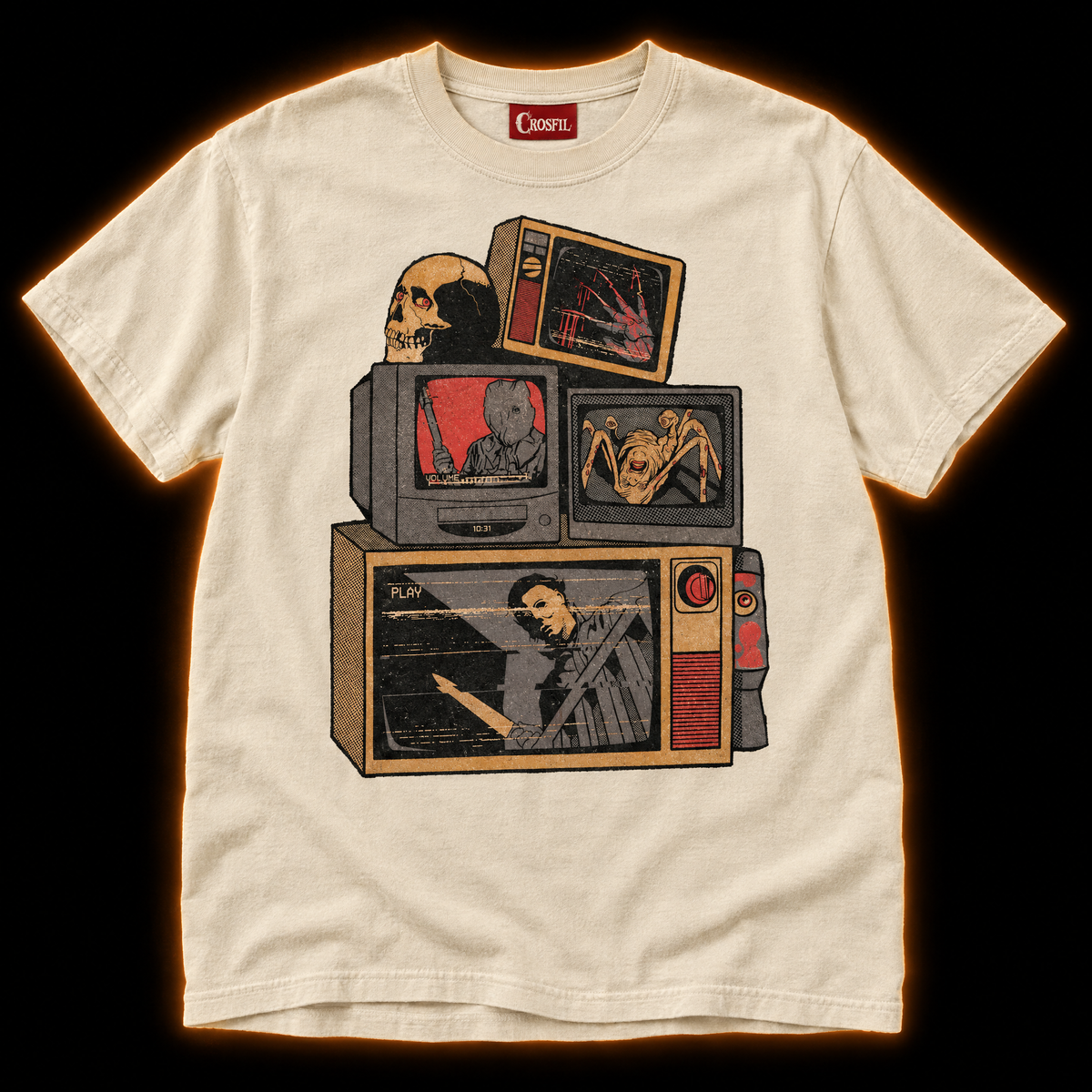 Video Nasty ivory T-shirt — retro horror CRT TV stack with VHS glitch screens, vintage screenprint style