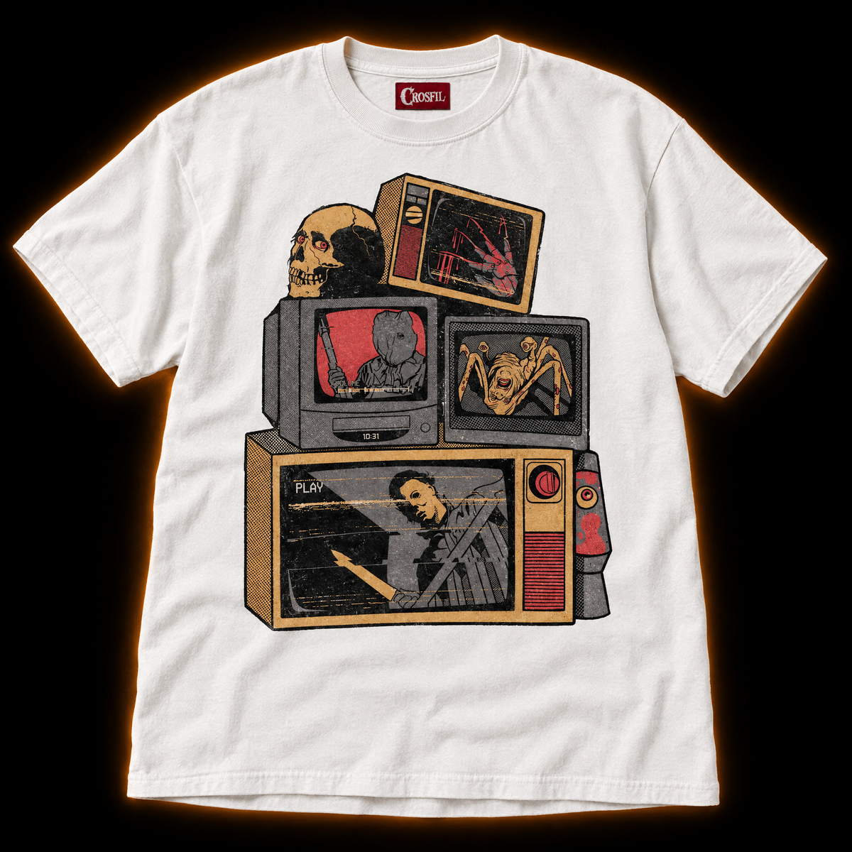 Video Nasty white T-shirt — retro horror CRT TV stack with VHS glitch screens, vintage screenprint style