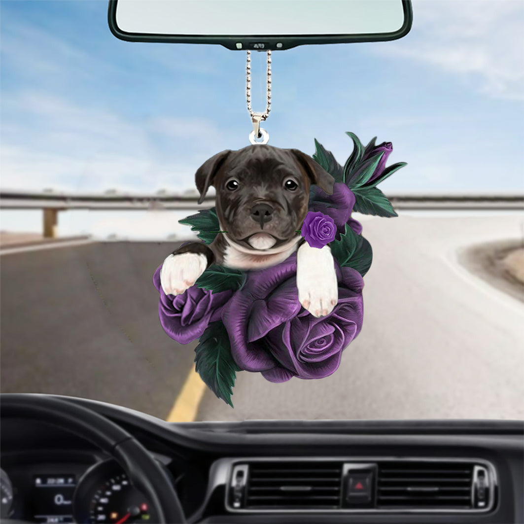 Staffordshire Bull Terrier In Purple Rose Car Hanging Ornament