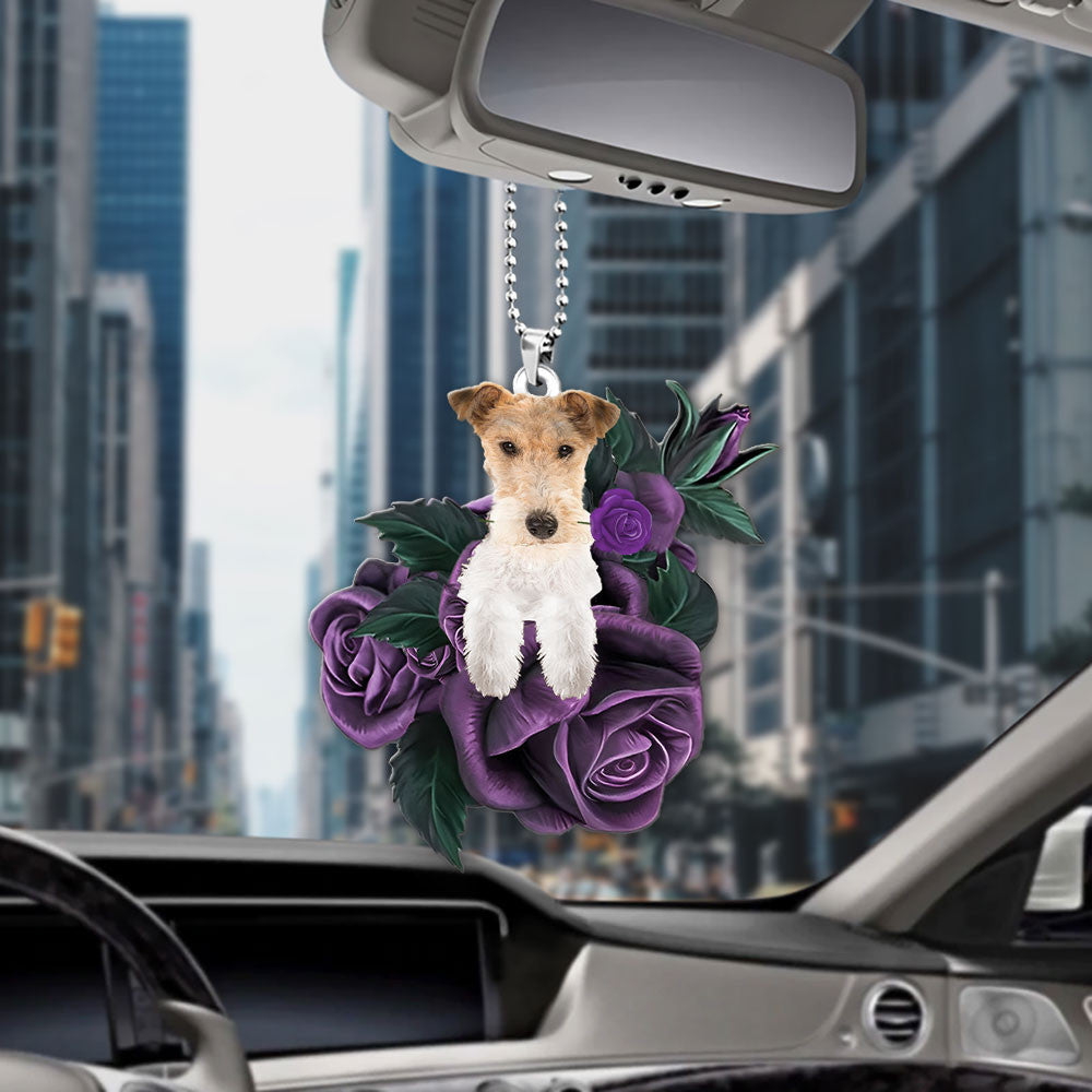Wire Fox Terrier In Purple Rose Car Hanging Ornament