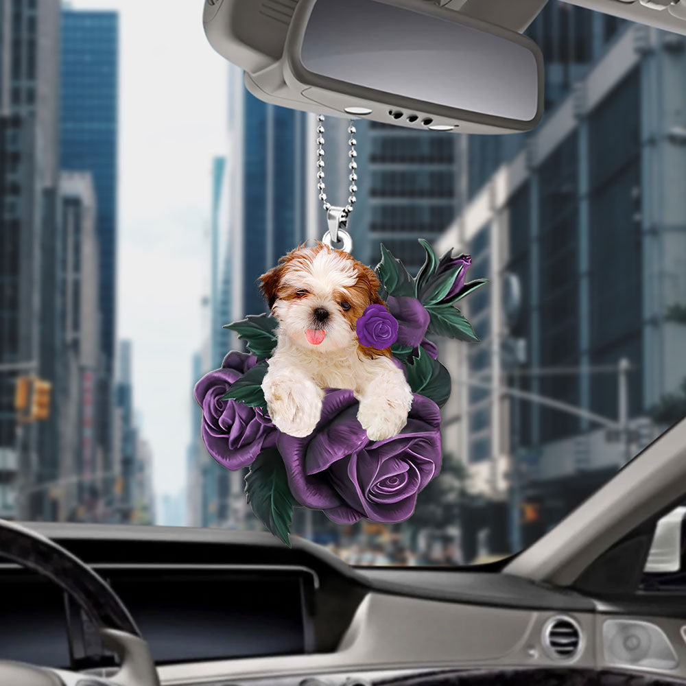 Shih Tzu In Purple Rose Car Hanging Ornament