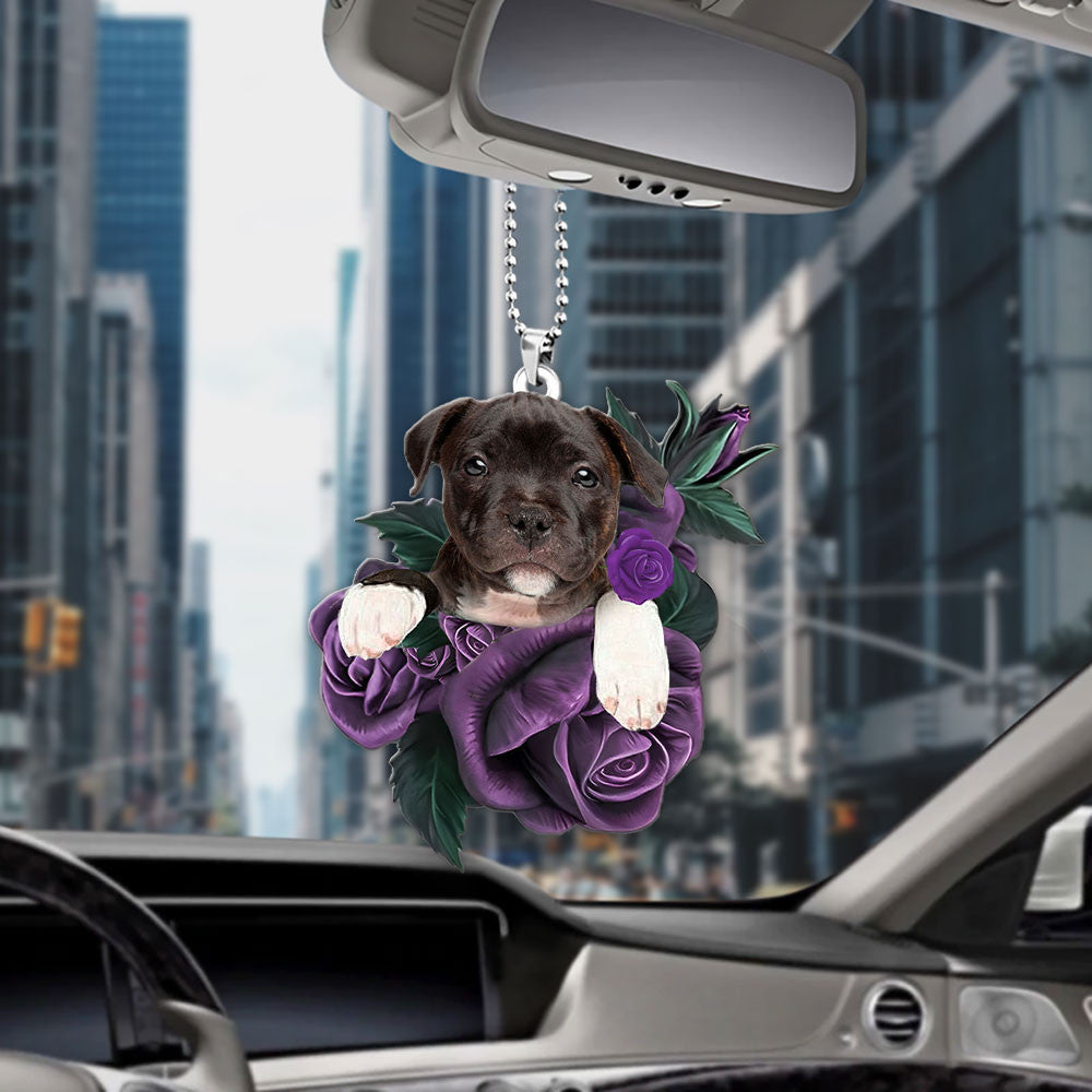 Staffordshire Bull Terrier In Purple Rose Car Hanging Ornament