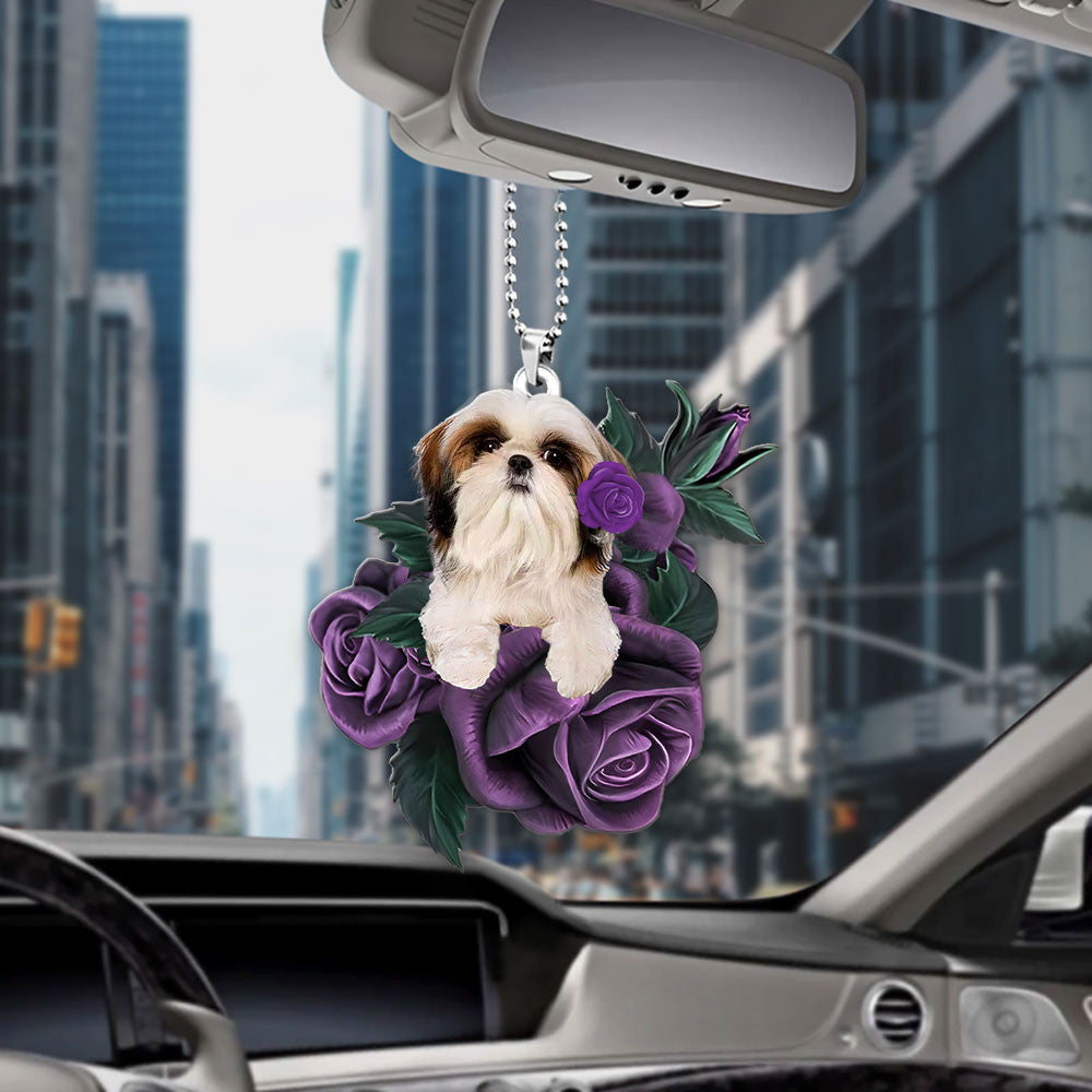 Shih Tzu In Purple Rose Car Hanging Ornament