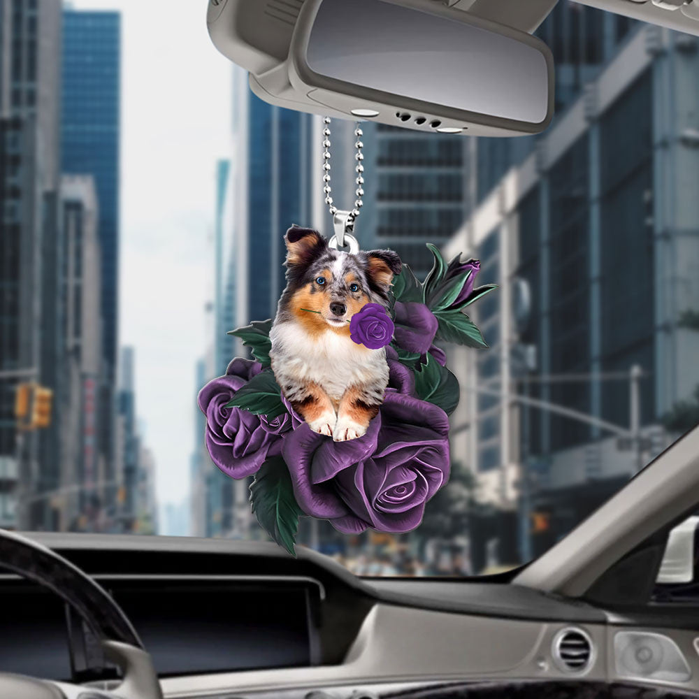 Shetland Sheepdog In Purple Rose Car Hanging Ornament