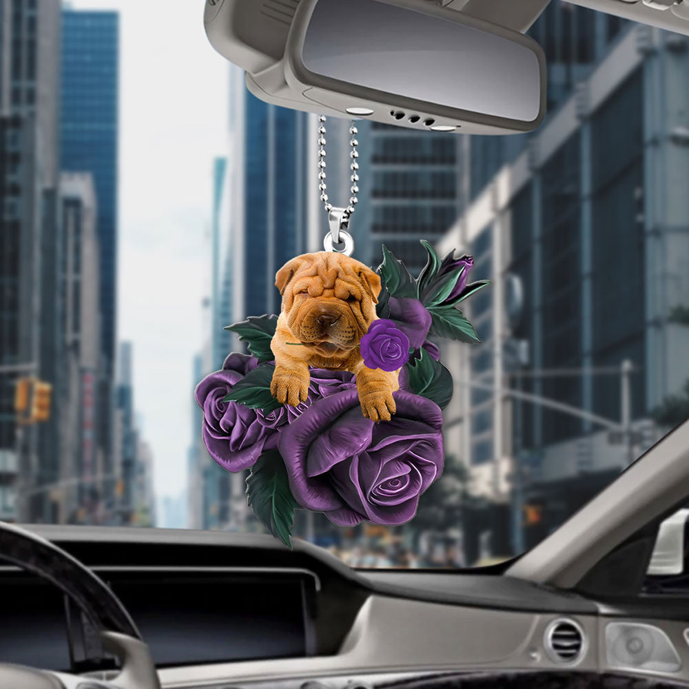Shar Pei In Purple Rose Car Hanging Ornament
