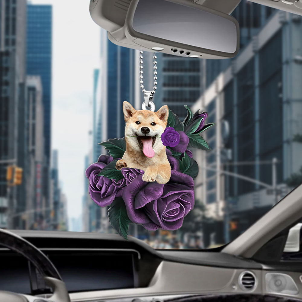 Shiba Inu In Purple Rose Car Hanging Ornament