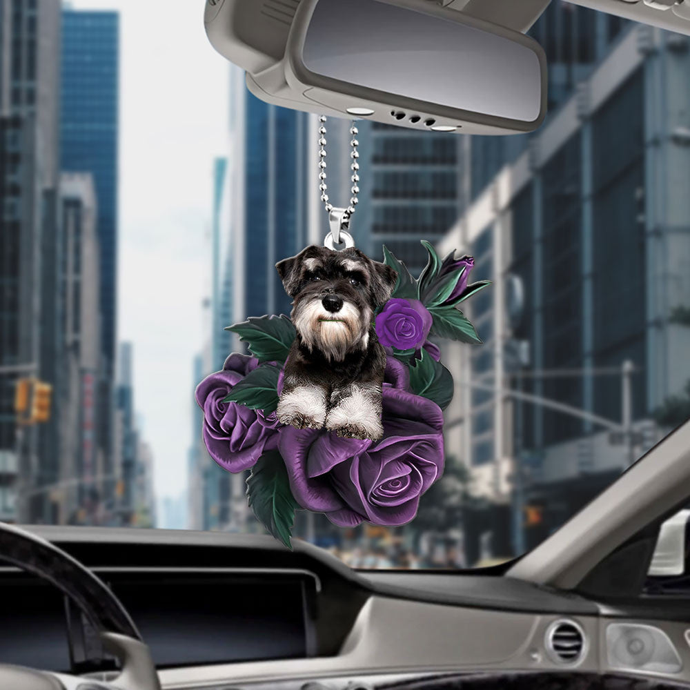 Schnauzer In Purple Rose Car Hanging Ornament
