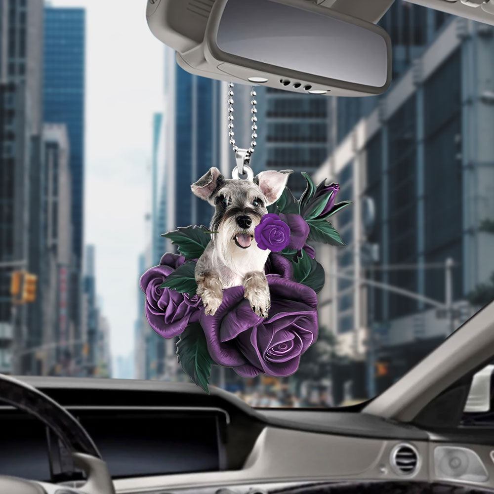Schnauzer In Purple Rose Car Hanging Ornament