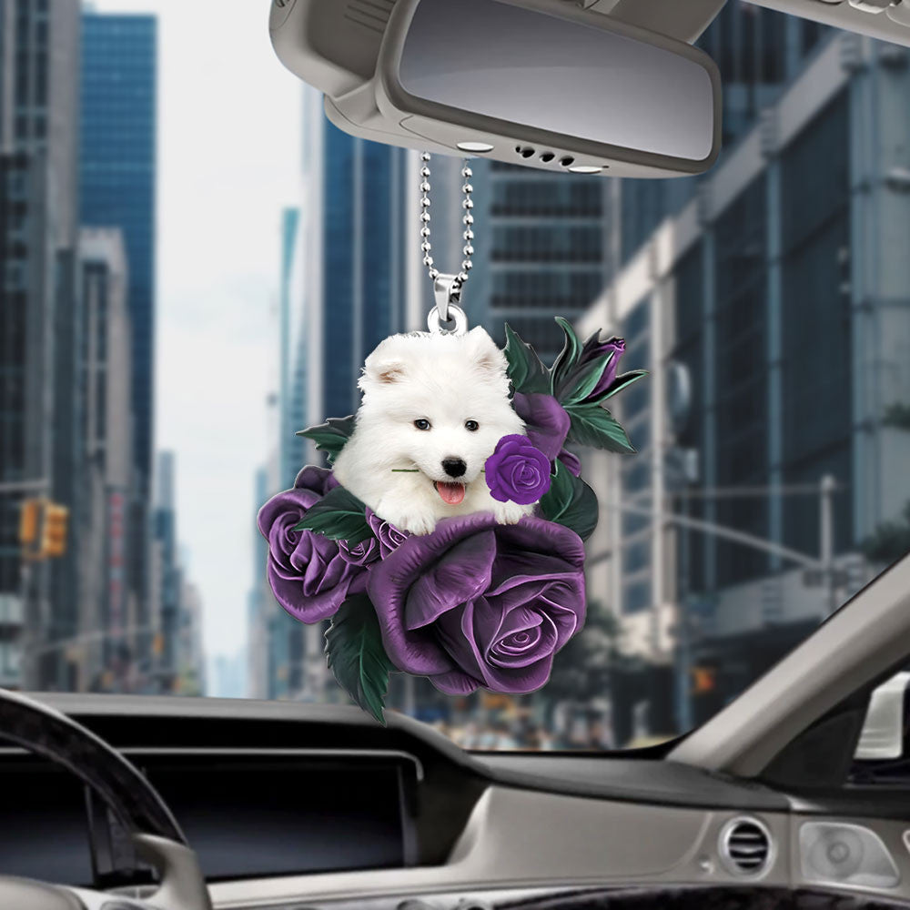 Samoyed In Purple Rose Car Hanging Ornament