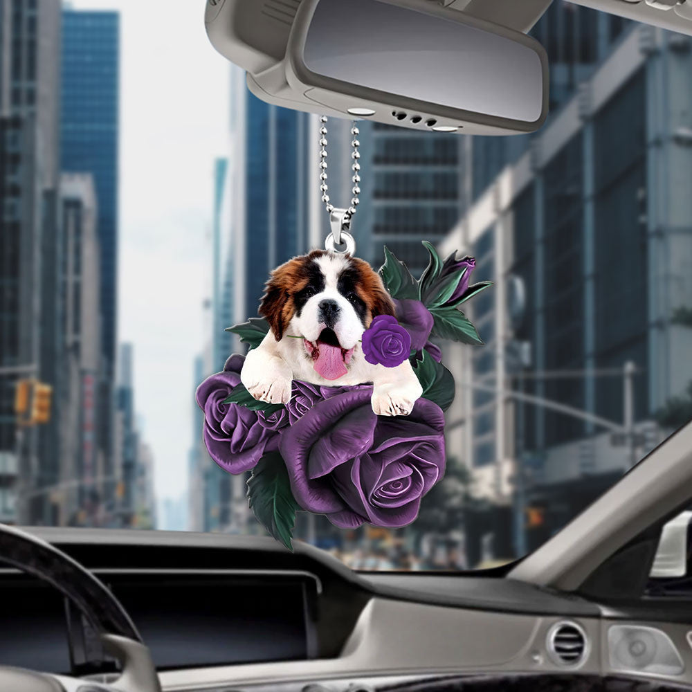 Saint Bernard In Purple Rose Car Hanging Ornament