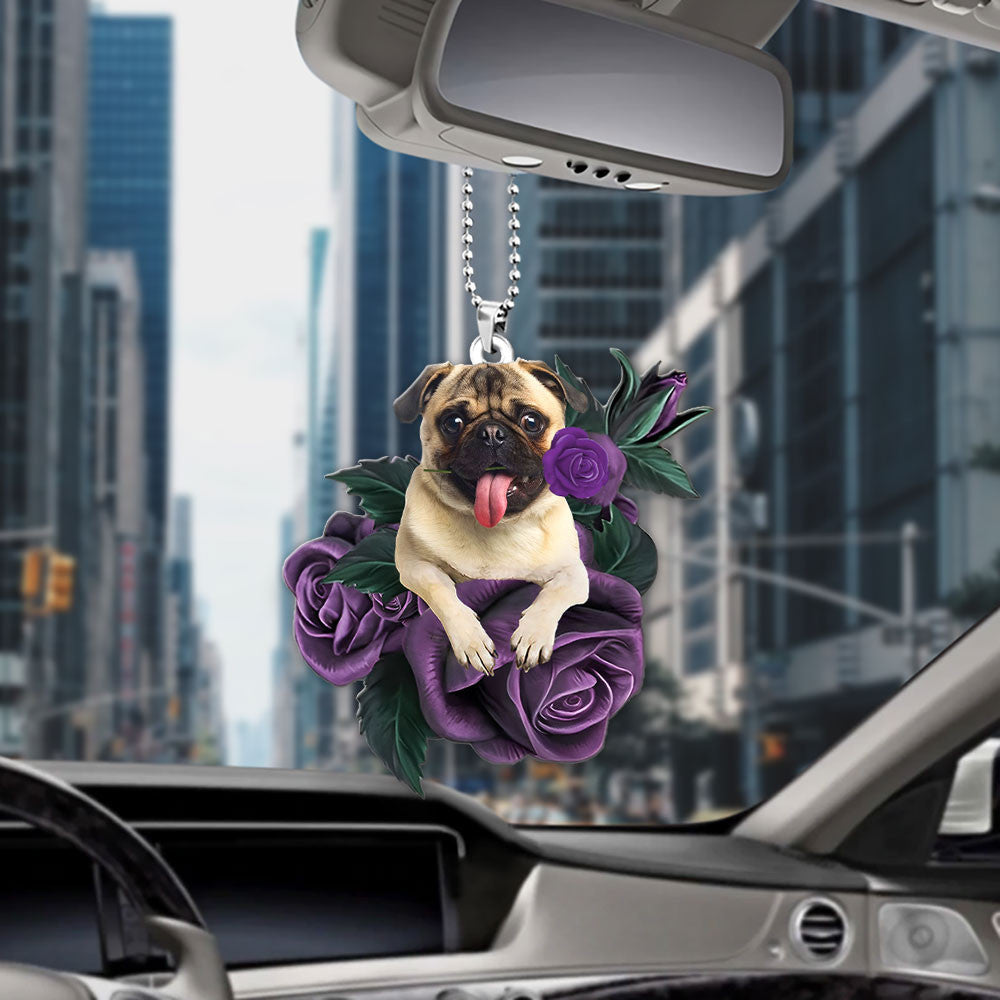 Pug In Purple Rose Car Hanging Ornament