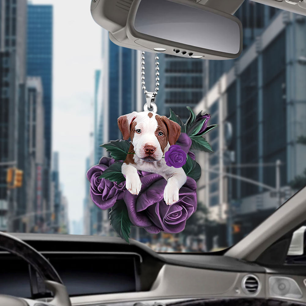Pit Bull In Purple Rose Car Hanging Ornament