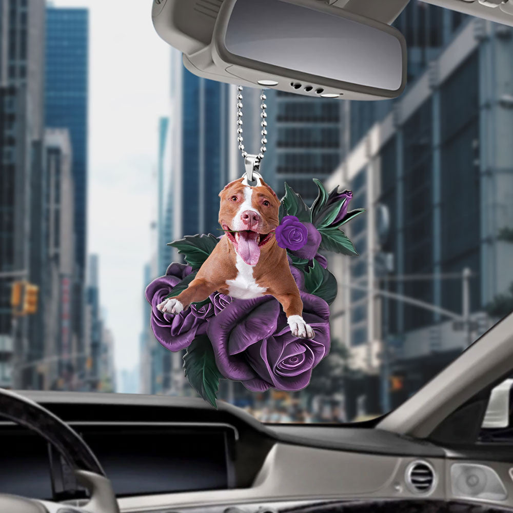 Pit Bull In Purple Rose Car Hanging Ornament