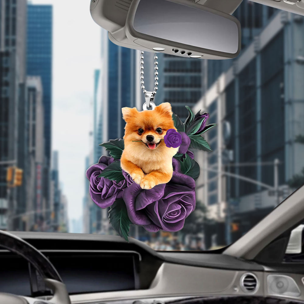 Pomeranian In Purple Rose Car Hanging Ornament