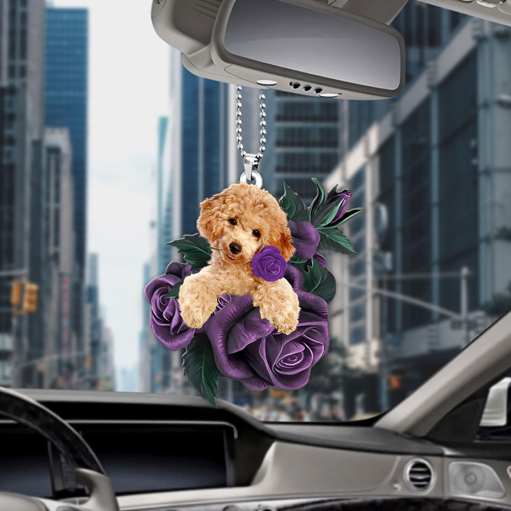 Poodle In Purple Rose Car Hanging Ornament