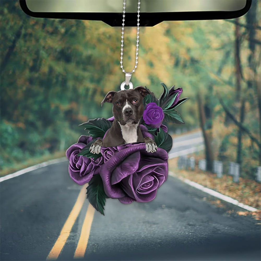 Pit Bull In Purple Rose Car Hanging Ornament