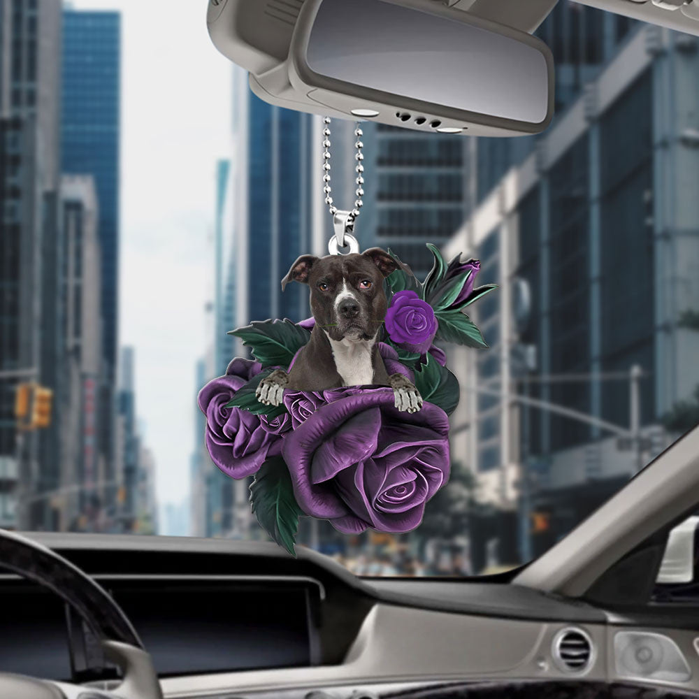 Pit Bull In Purple Rose Car Hanging Ornament