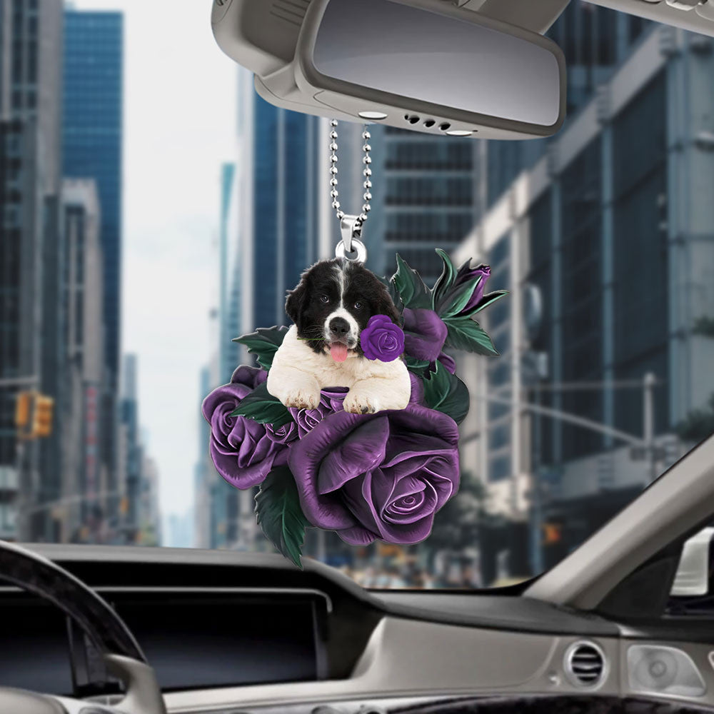 Newfoundland In Purple Rose Car Hanging Ornament
