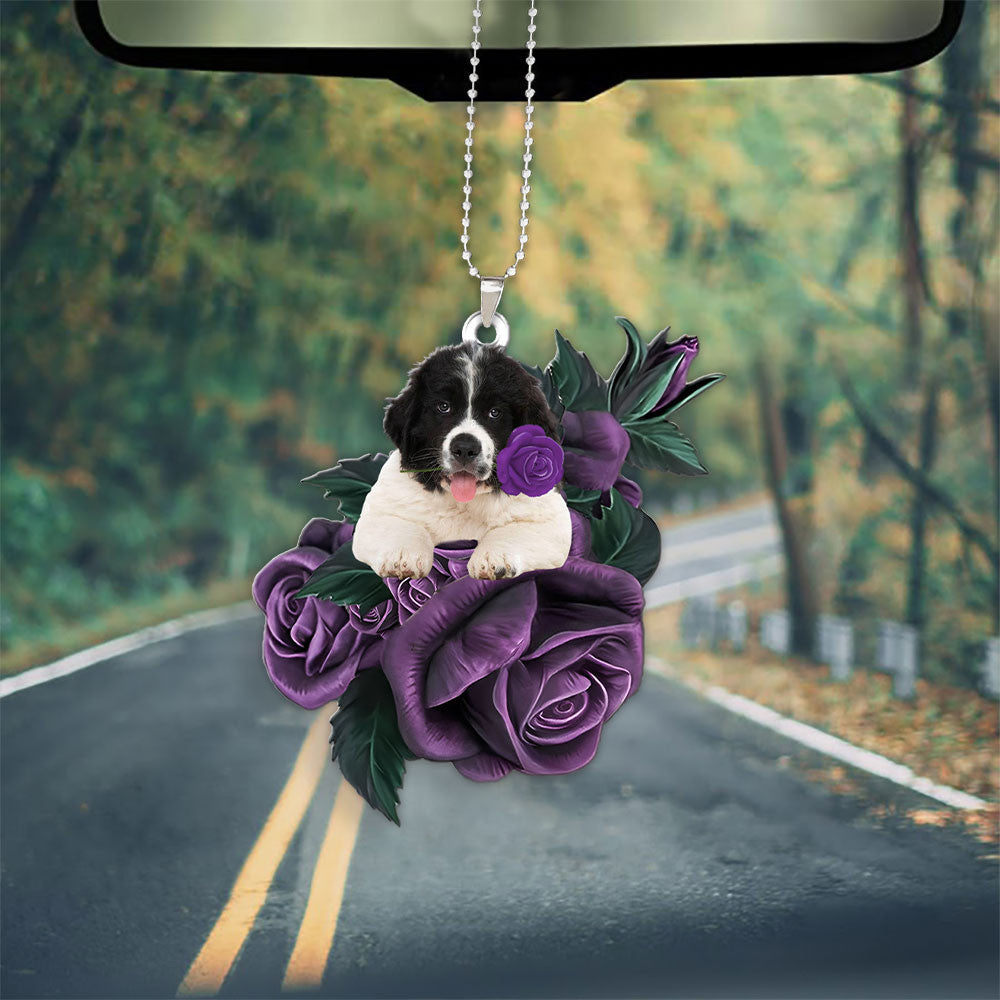 Newfoundland In Purple Rose Car Hanging Ornament