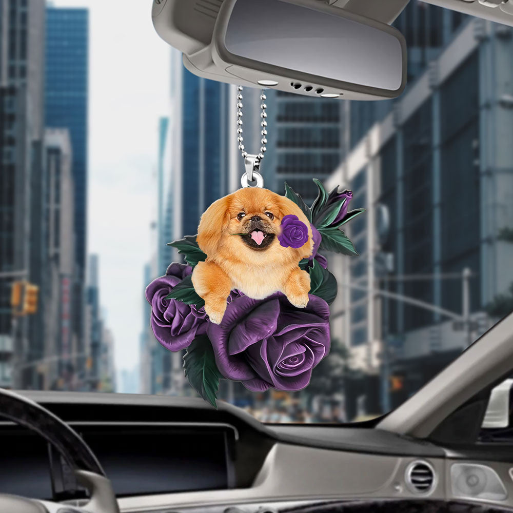 Pekingese In Purple Rose Car Hanging Ornament