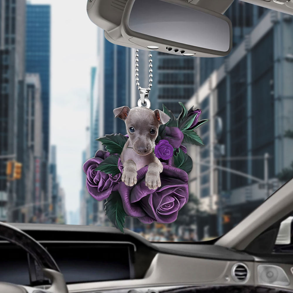 Italian Greyhound In Purple Rose Car Hanging Ornament