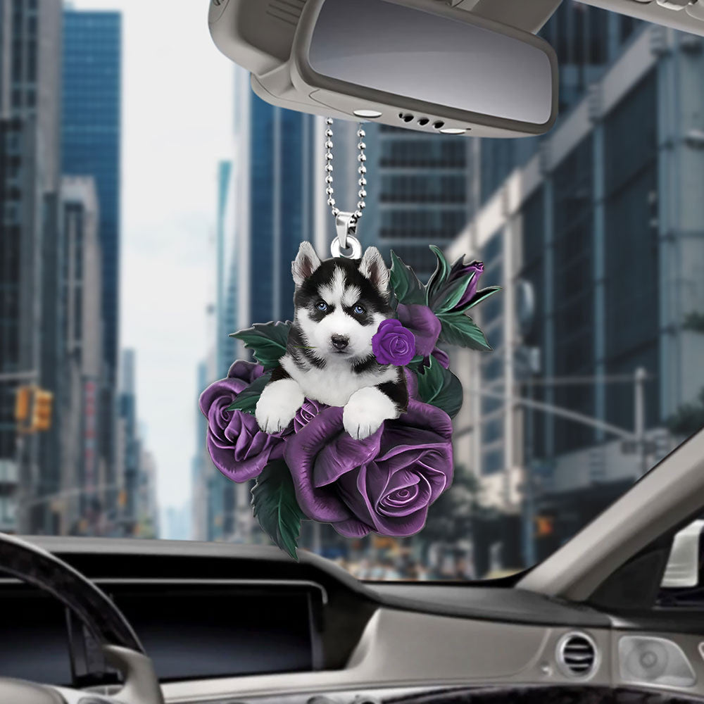 Husky In Purple Rose Car Hanging Ornament