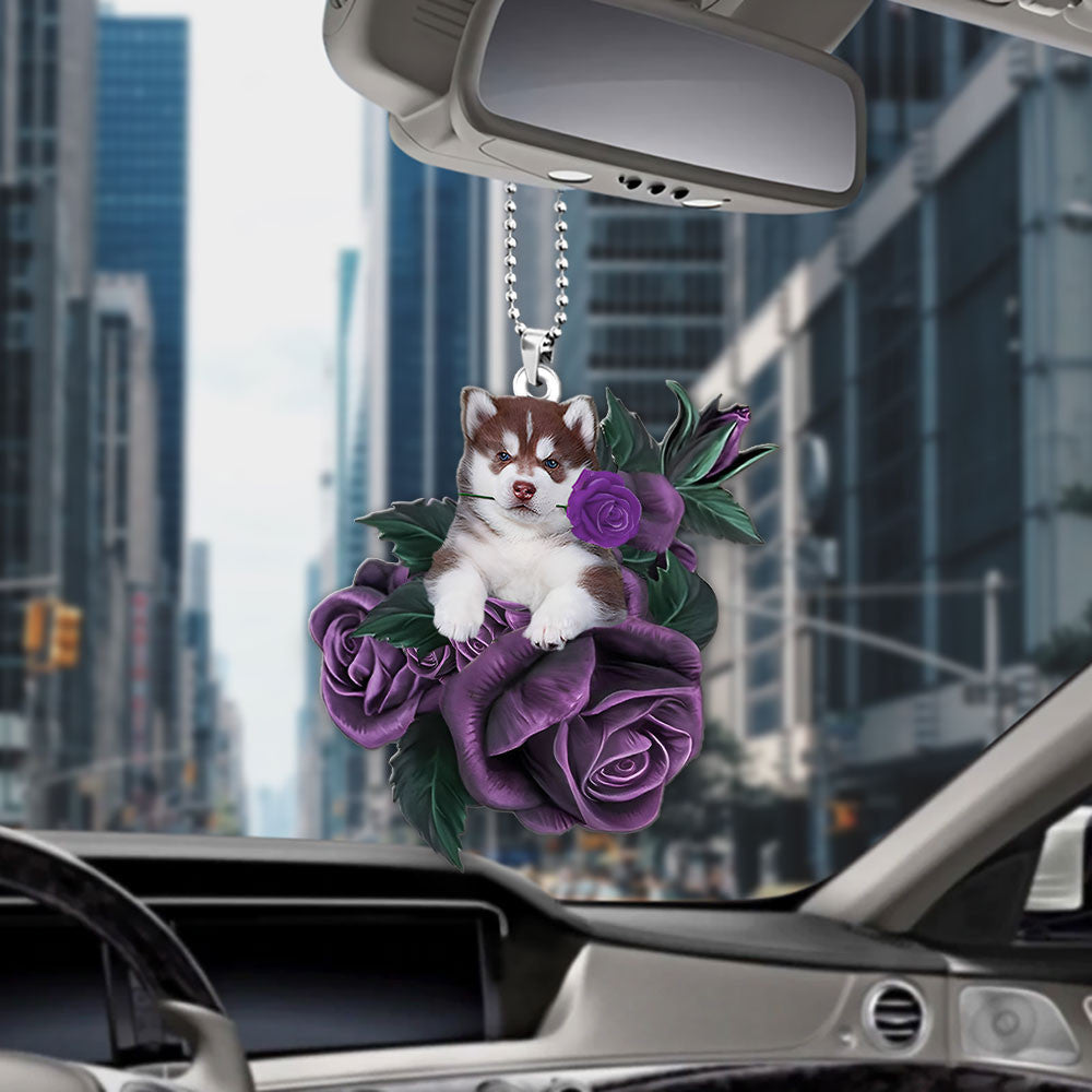 Husky In Purple Rose Car Hanging Ornament